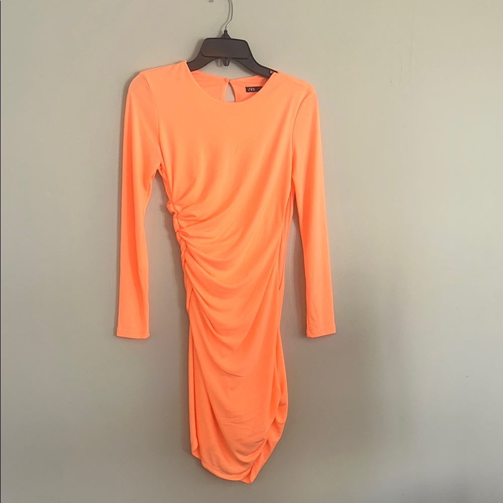 Zara Orange Asymmetrical Ruched Bodycon Dress